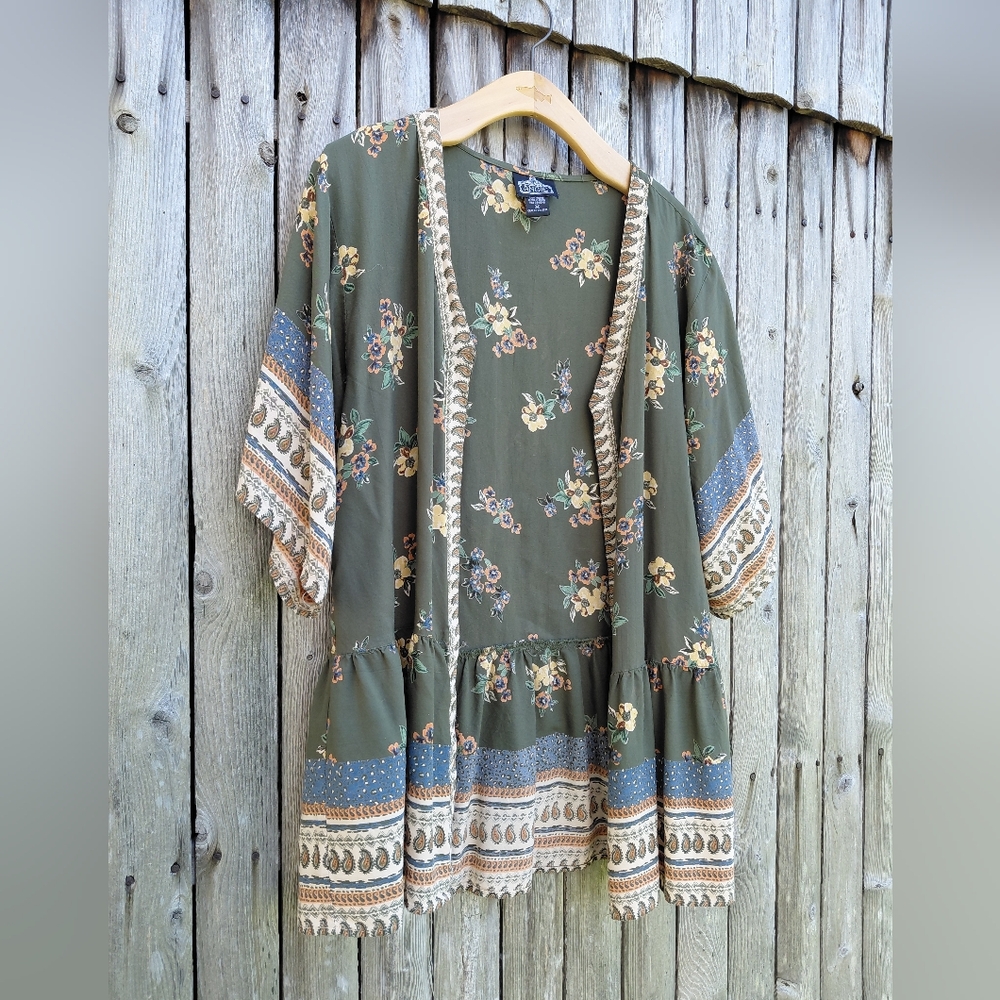 Angie olive green & blue floral print open cardigan boho kimono robe Womens M